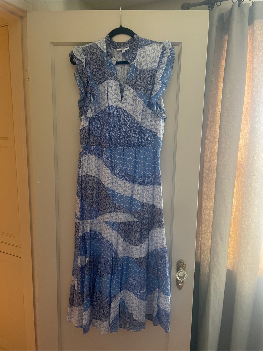 BB Dakota by Steve Madden Blue Patterned Ruffle Midi Dress